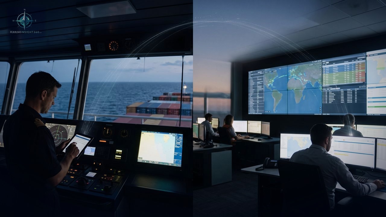 Ship's bridge console crowded with radar and chart screens, sunset over the sea through the windows