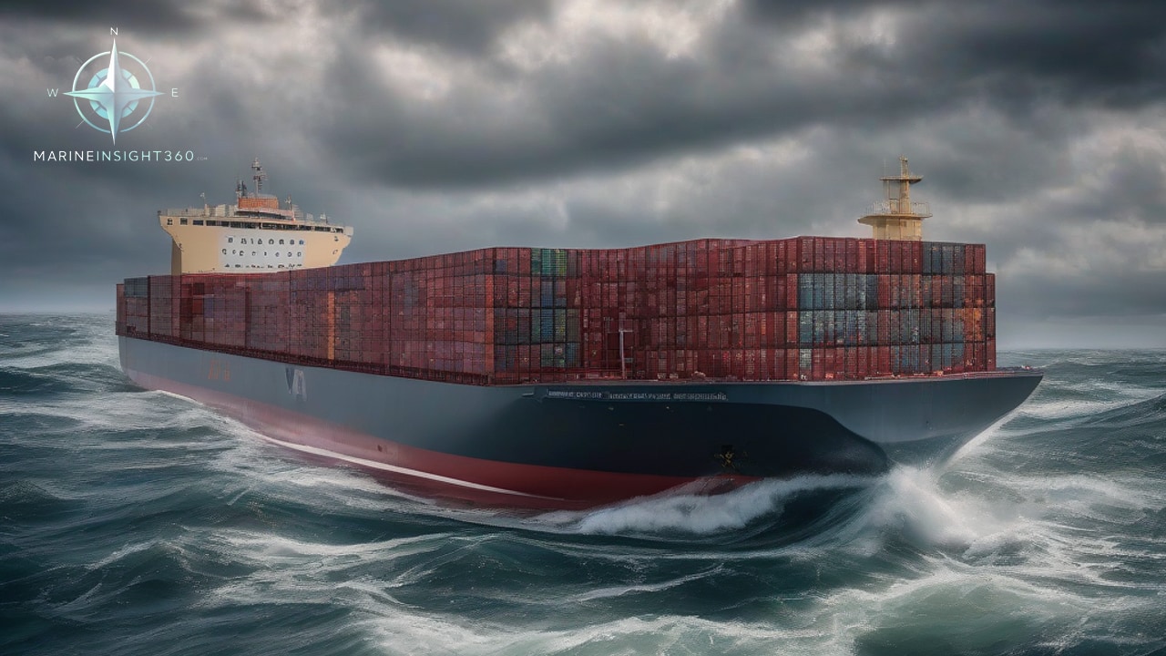 Fully laden container vessel driving through rough green-grey seas with a breaking bow wave