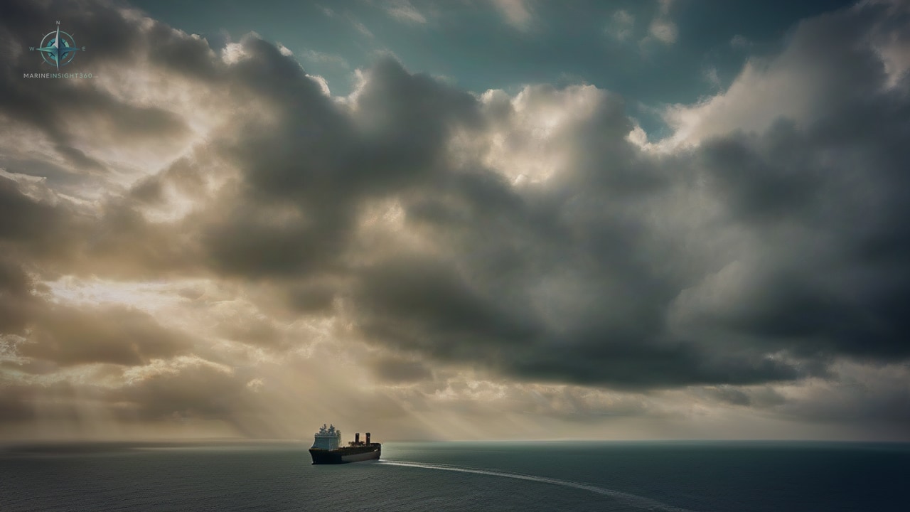 A lone distant vessel on a calm grey sea beneath a vast cloudy sky pierced by sunbeams