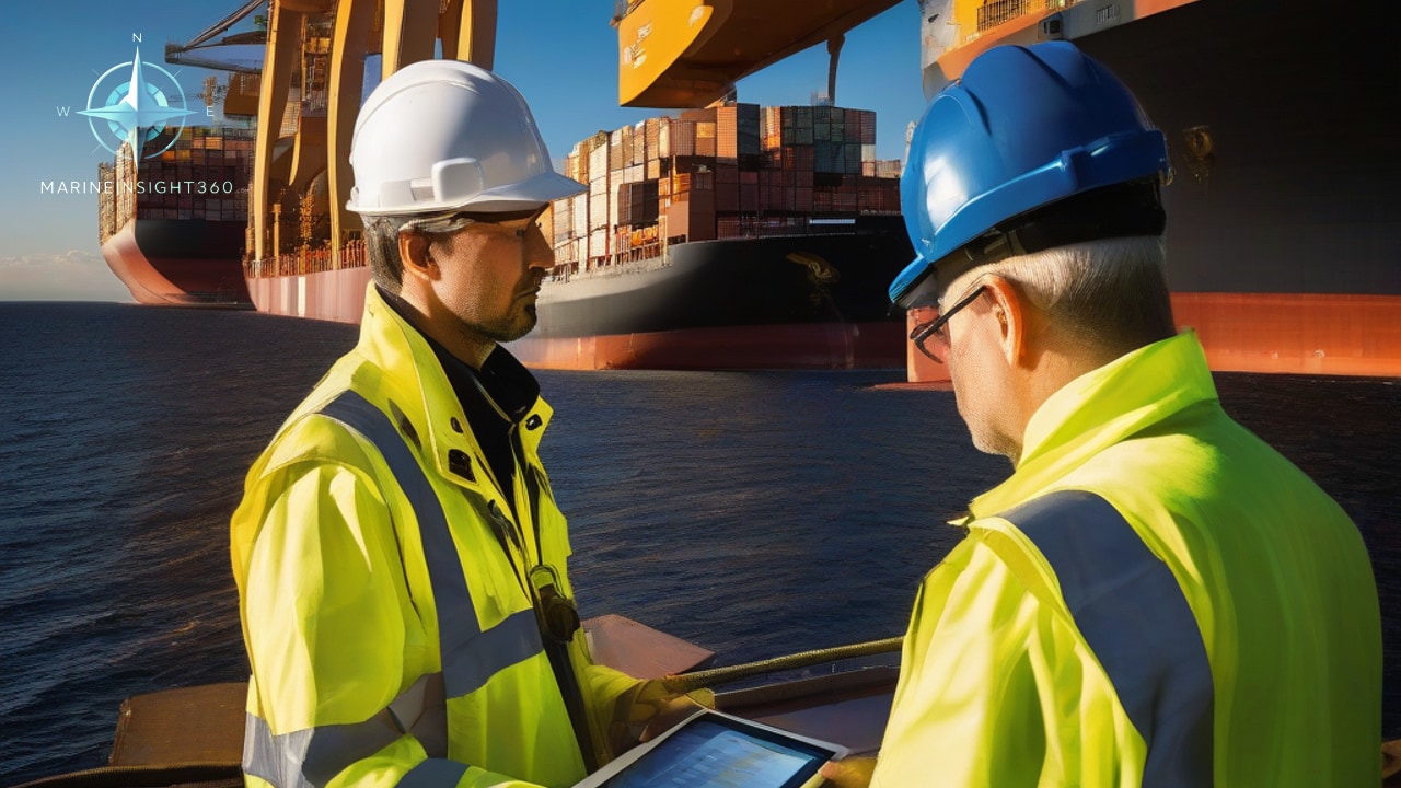 Two hi-vis dock workers in hard hats reading a tablet beside a laden container vessel