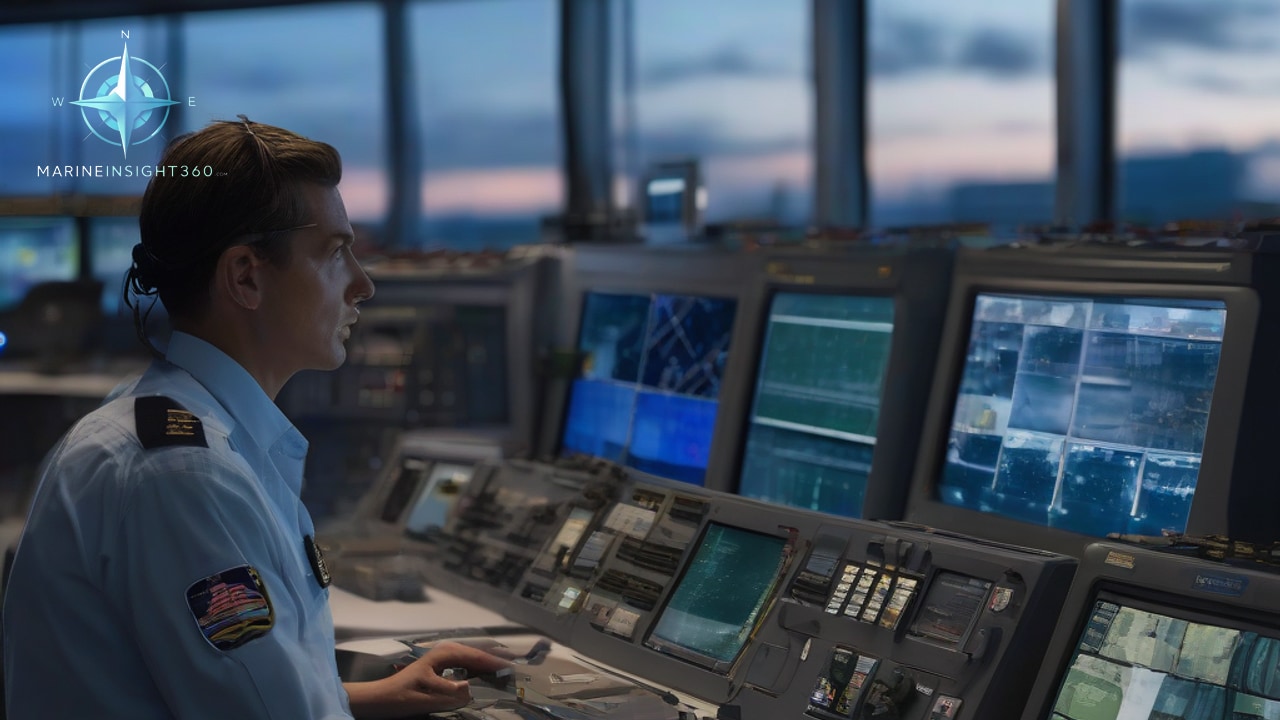 Uniformed operator at a control-room console watching banks of CCTV monitors, dusk sky through windows