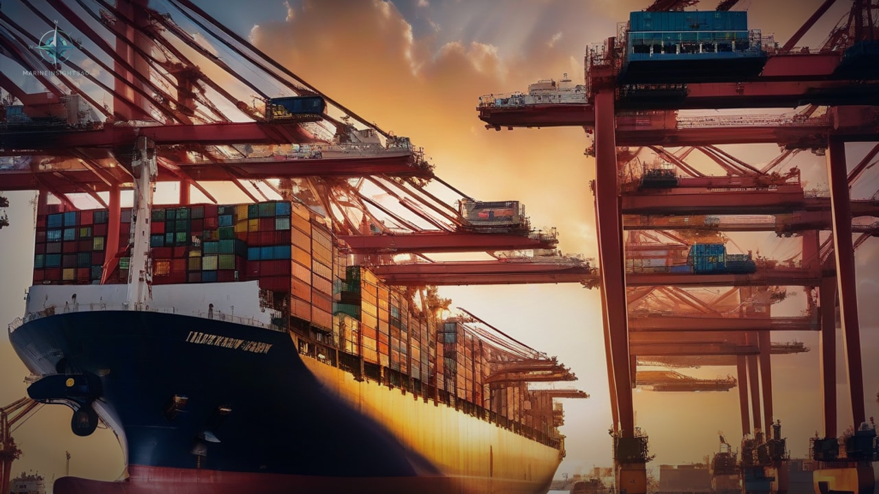 Container vessel berthed beneath a row of red gantry cranes against a golden sunset sky