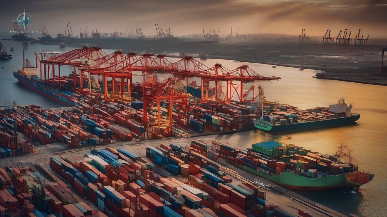 Elevated view of a busy harbour terminal at golden hour with stacked boxes, red cranes and berthed vessels