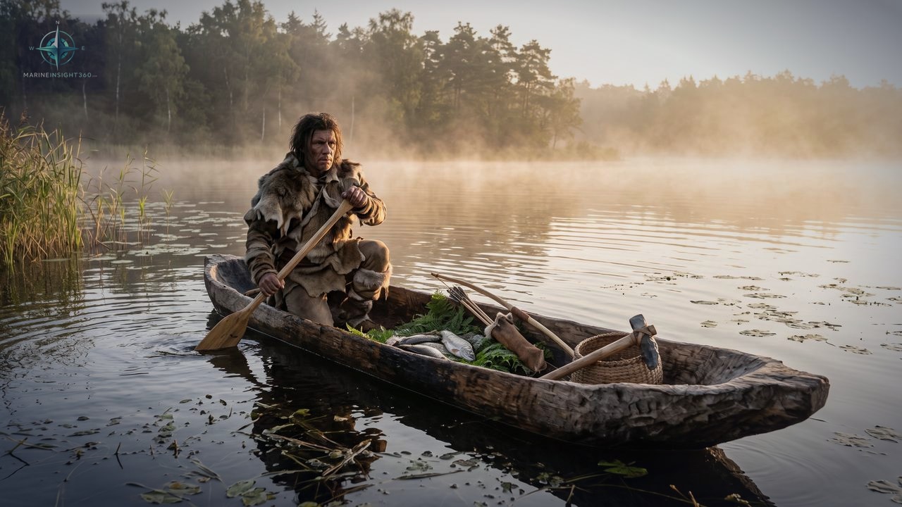 Weathered hollowed log dugout canoe resting on wet sand at a misty reed-fringed lakeshore
