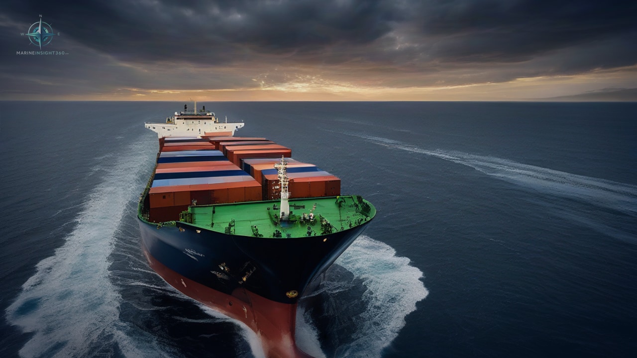 Aerial over a green foredeck and stacked boxes of a container vessel, wake spreading on dark sea