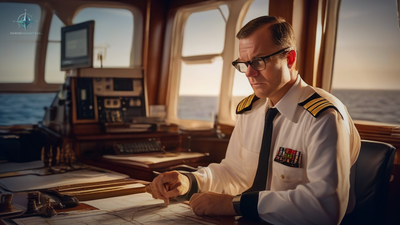 Officer with gold-striped epaulettes working dividers over a paper chart at a wooden bridge table
