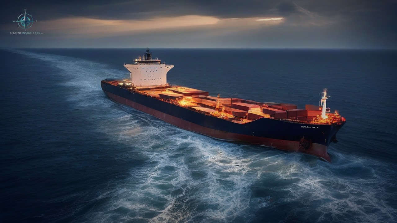 Aerial view of a bulk carrier under way at dusk, lit open holds and foam along the hull
