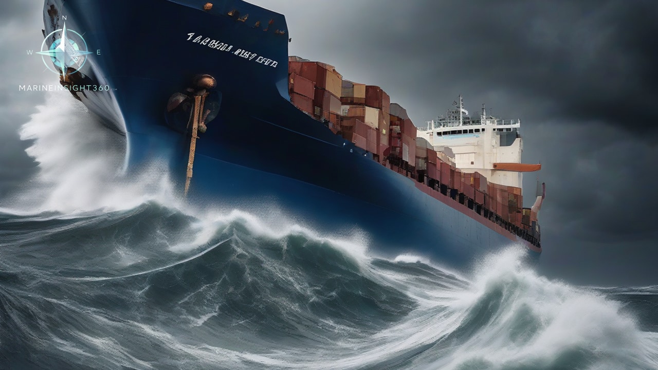 Dark blue container vessel pitching over a huge breaking wave in heavy seas, spray flying