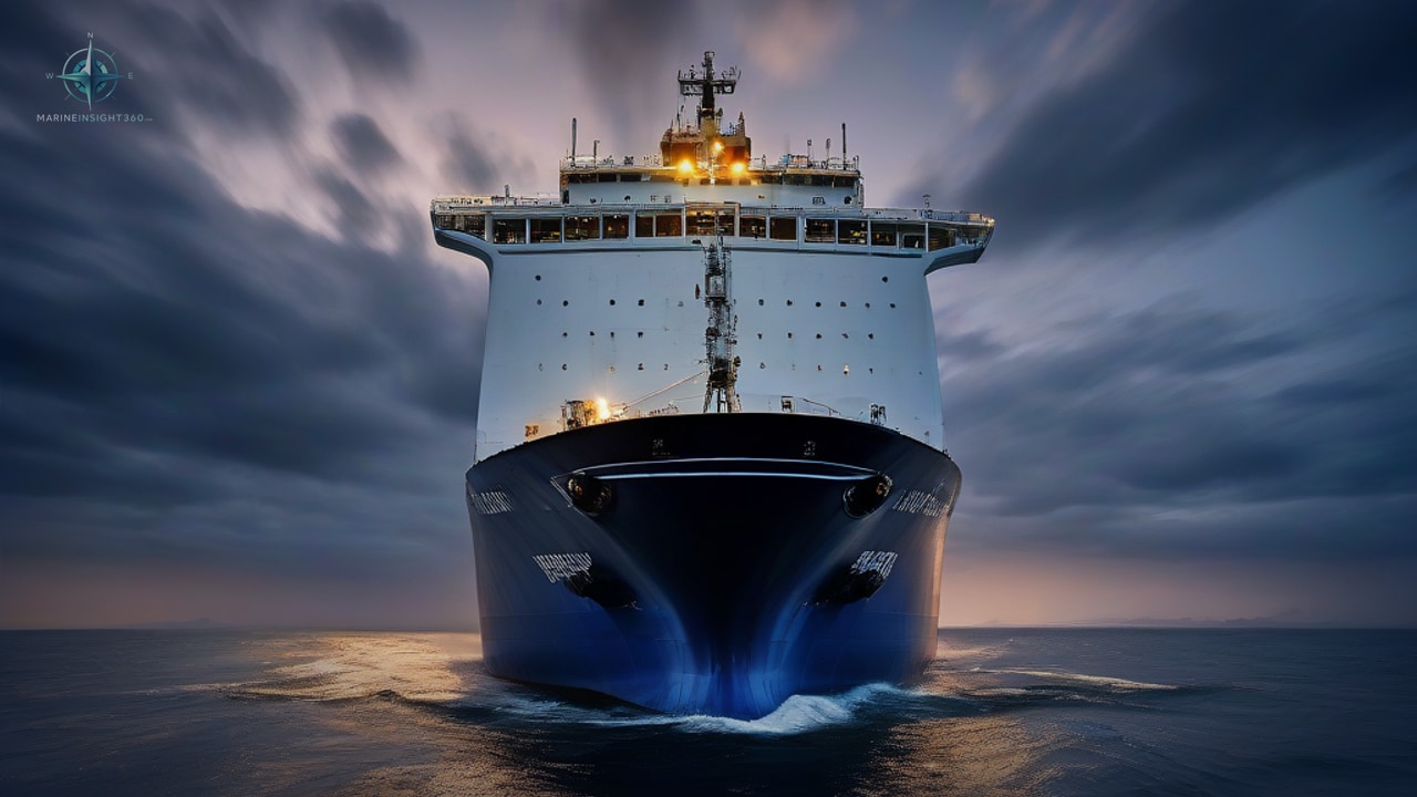 Bow-on view of a blue-hulled vessel with a tall lit white superstructure at sea under dark clouds
