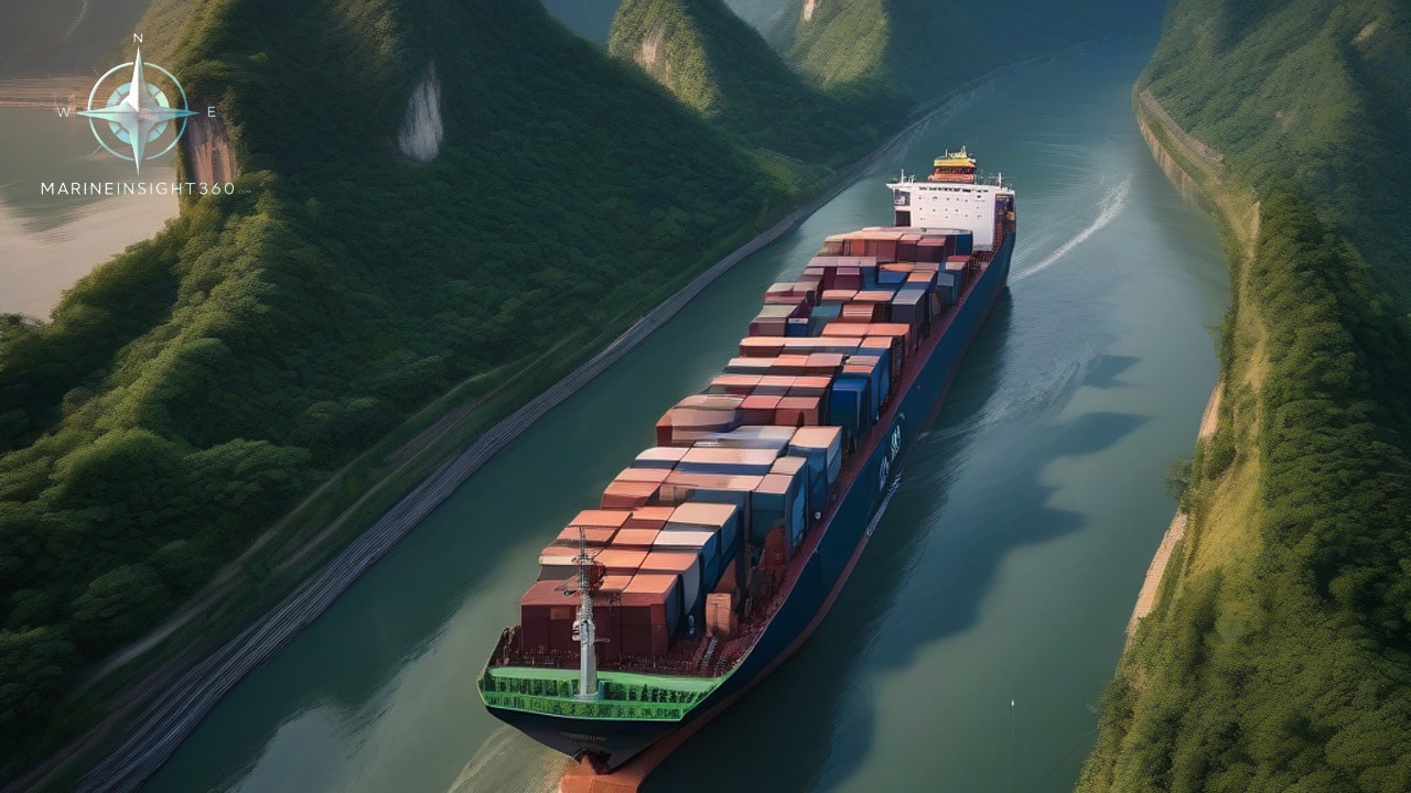 Aerial view of a loaded container vessel threading a narrow waterway between steep forested hillsides