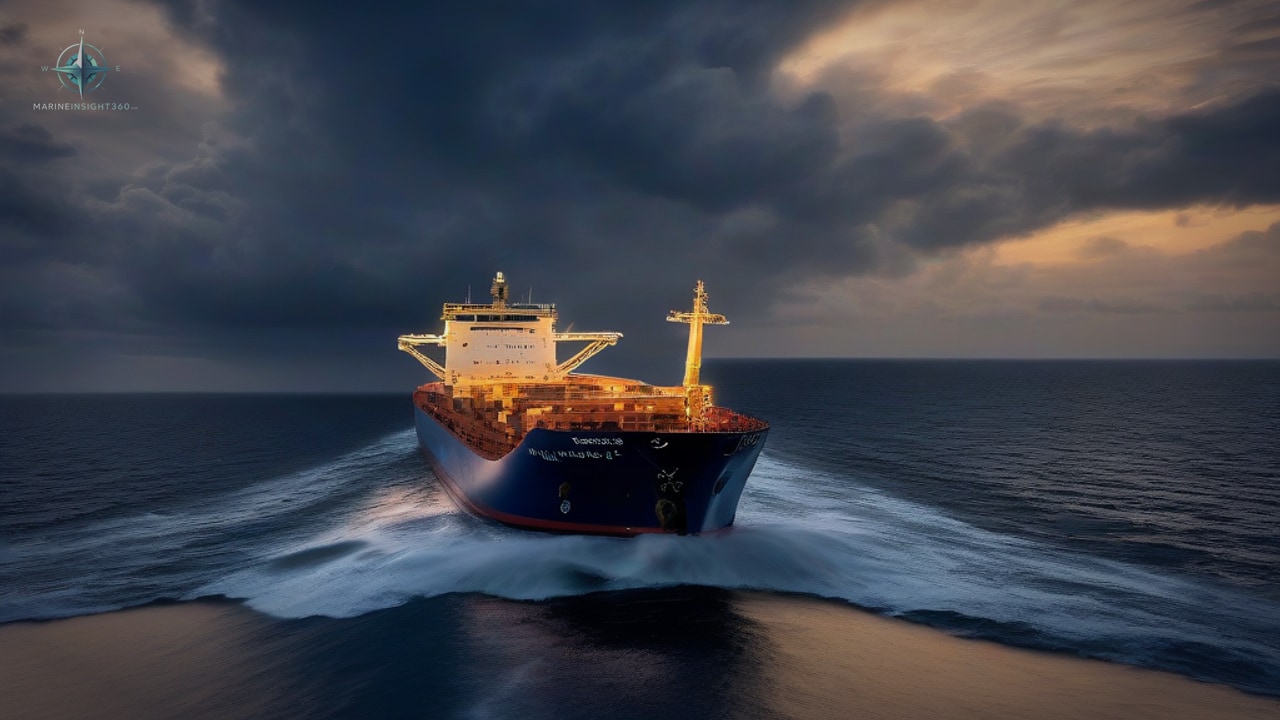 Cargo vessel with deck cranes and a lit superstructure heading on at dusk, wide white bow wave