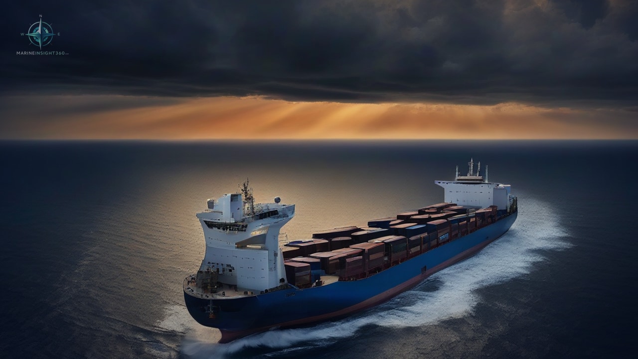 Aerial view of a blue container vessel with forward white superstructure on dark sea beneath sunbeams