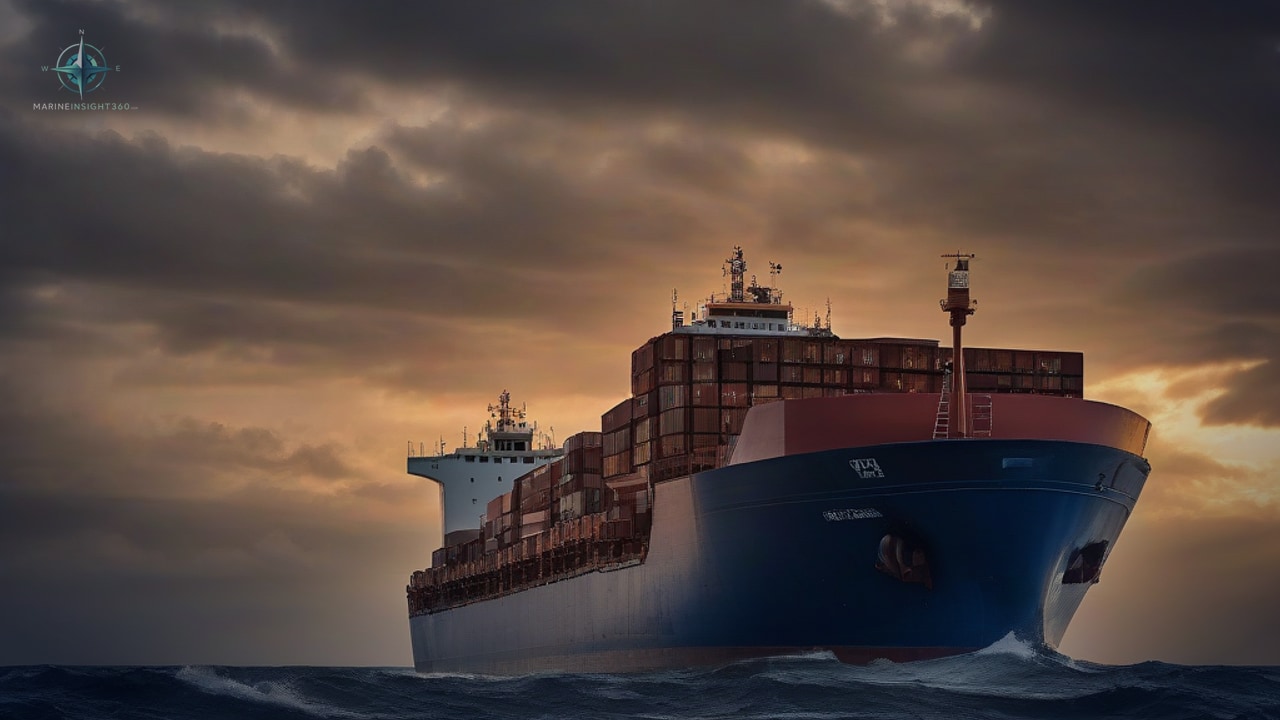 Blue-hulled container vessel laden with rusty boxes under dramatic golden and grey sunset clouds
