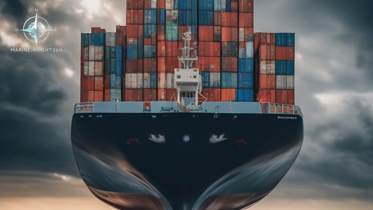 Symmetrical head-on view of a black flared bow beneath tall red and blue box stacks