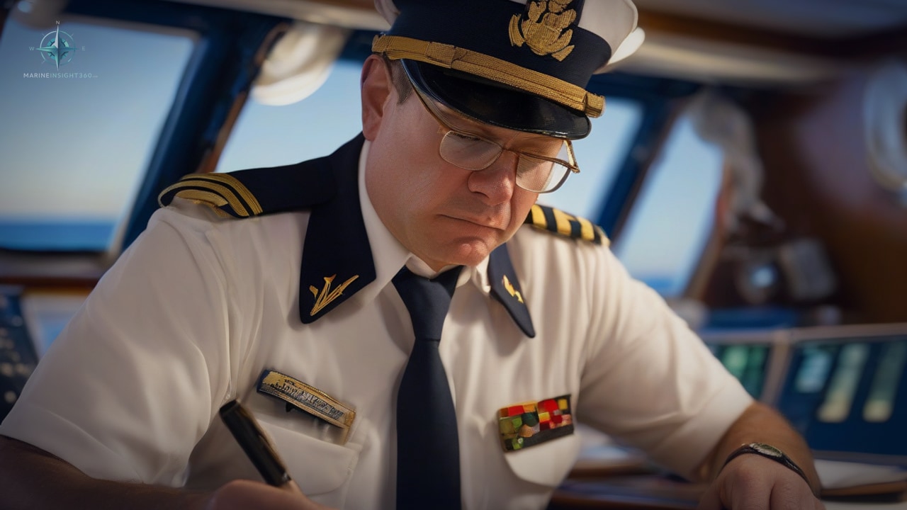 Senior officer in peaked cap and gold epaulettes writing at a desk on a ship's bridge
