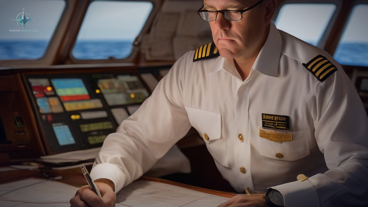 Close-up of a uniformed officer with gold shoulder stripes writing on a chart at a bridge console
