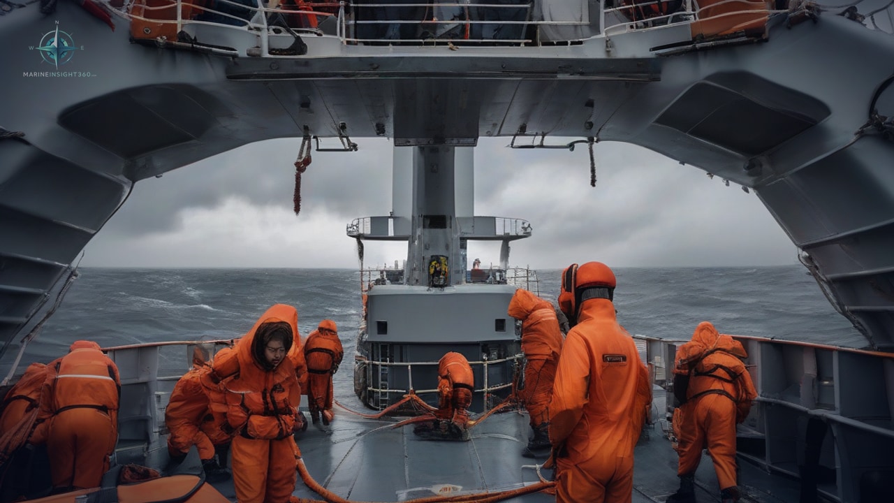 Crew in bright orange immersion suits handling a hose on a grey aft deck in rough seas