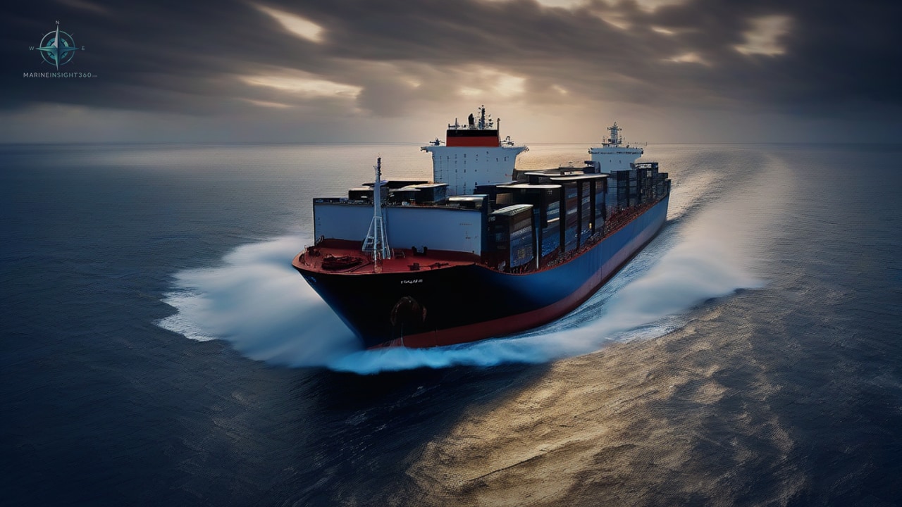 Aerial three-quarter view of a container vessel under way at dusk throwing a wide white bow wave