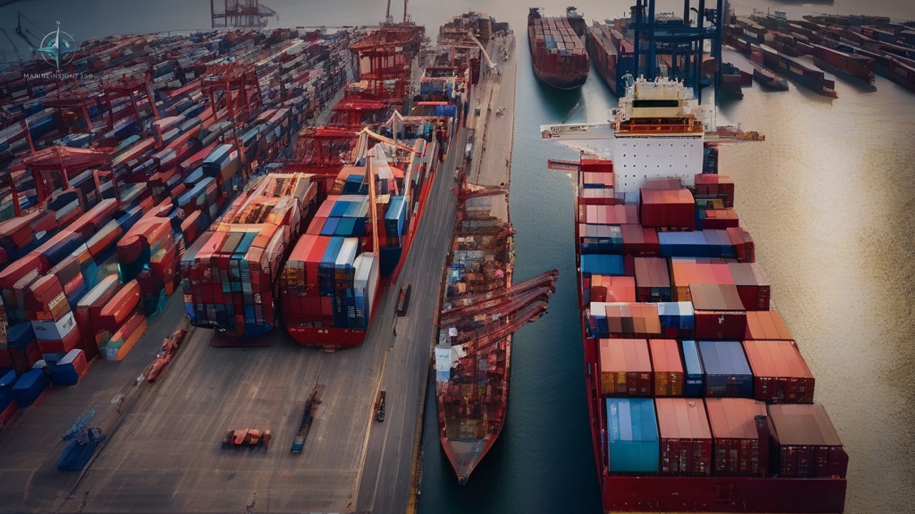 Overhead aerial of berthed vessels along a channel beside vast yards of stacked steel boxes