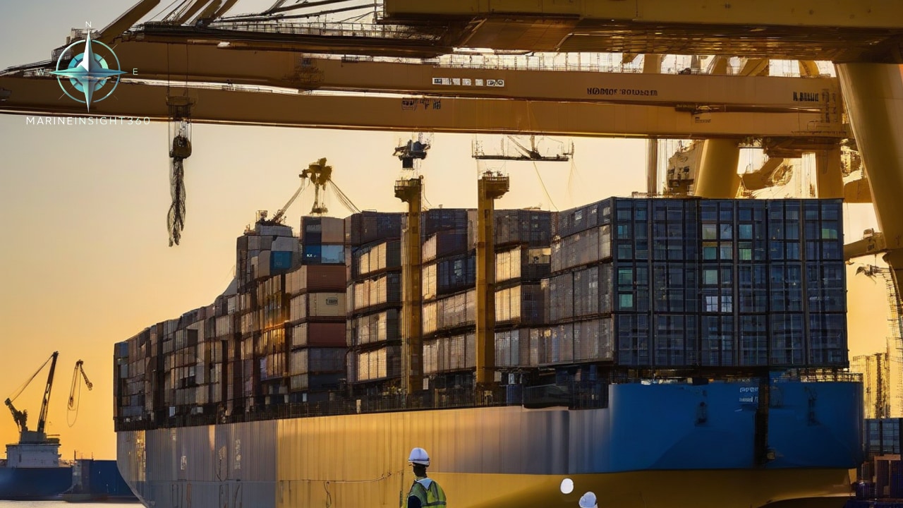 Yellow gantry crane above a loaded container vessel at sunset with hard-hatted workers in the foreground