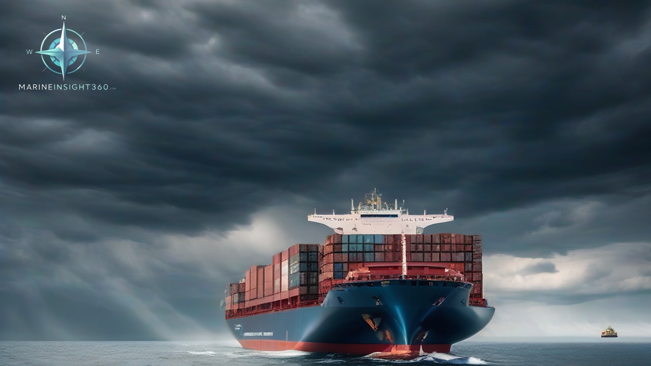 Laden container vessel carrying rust-red boxes at sea beneath an immense dark storm-cloud sky