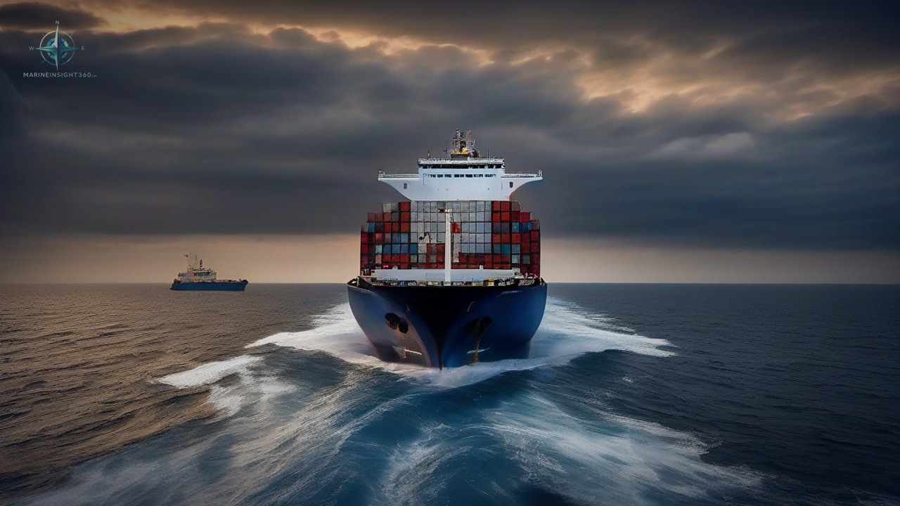 Blue container vessel bow-on at sea under heavy dusk clouds with a small craft on the horizon