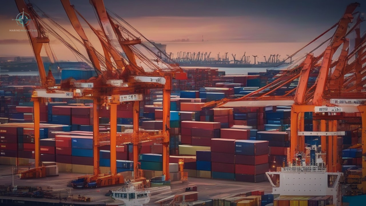 Orange gantry cranes towering over dense stacks of multicoloured steel boxes at a terminal at dusk