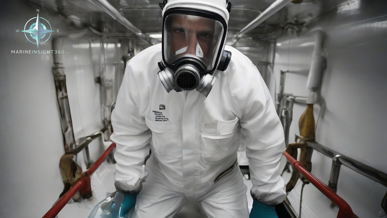 Surveyor rinsing a marked area of a chemical tanker cargo tank wall during a wall wash test