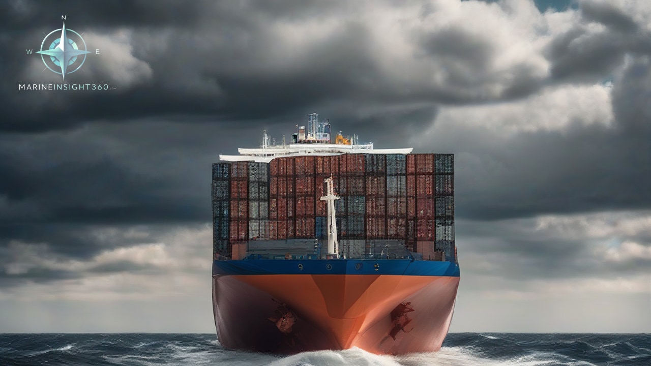 Head-on view of a red-hulled container vessel with towering weathered box stacks under grey clouds