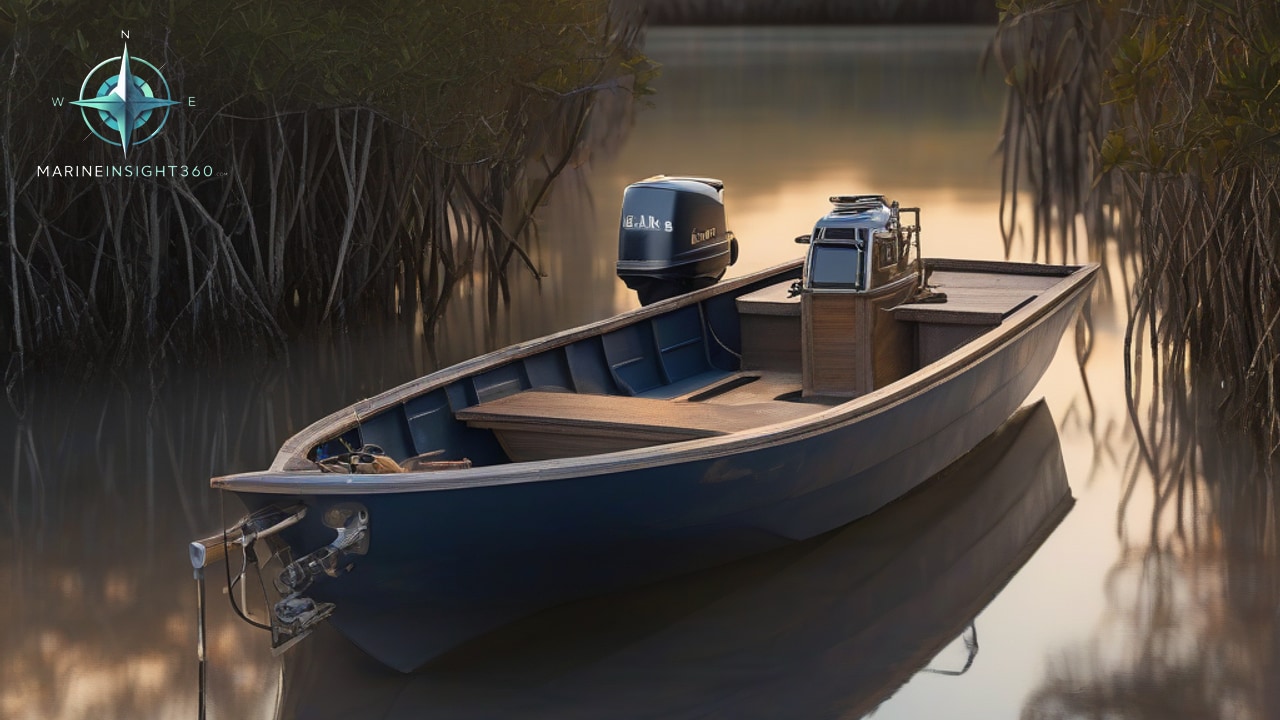 Small blue skiff with an outboard and centre console moored in still golden mangrove water