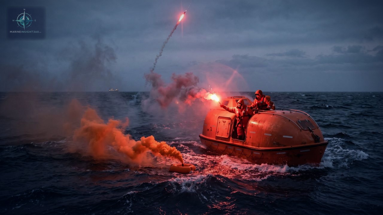 Bright orange flare bursting in a shower of sparks over a blue vessel's bow, smoke drifting