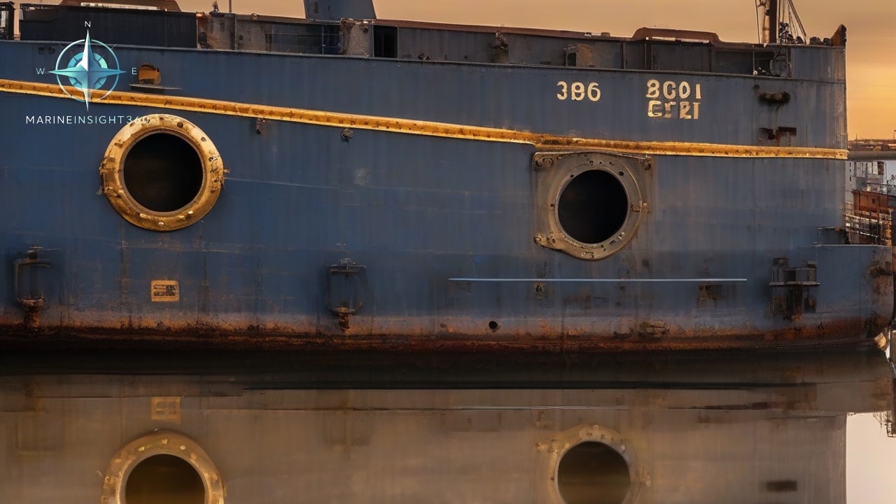 Two brass-rimmed round windows in a weathered blue hull reflected in still golden water at sunset