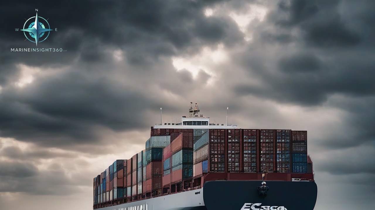 Low angle of a vessel's bow and towering weathered box stacks under brooding grey clouds