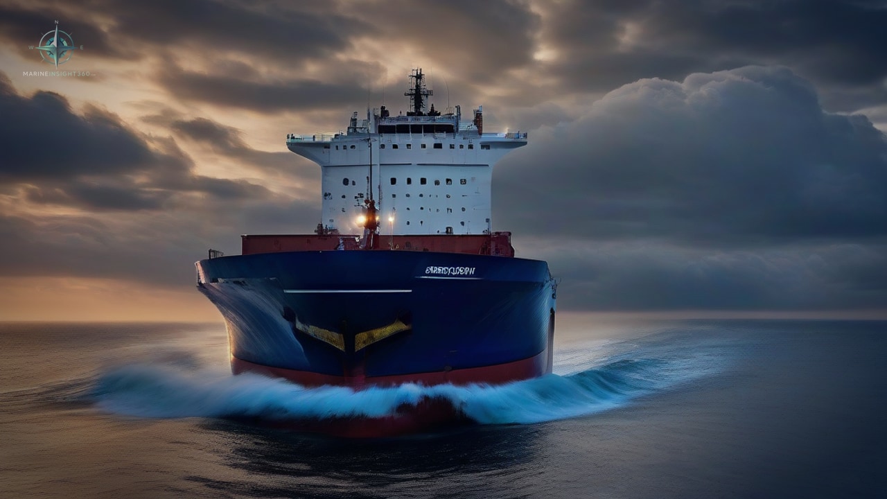 Head-on view of a blue-hulled cargo ship with white superstructure pushing a bow wave at dusk