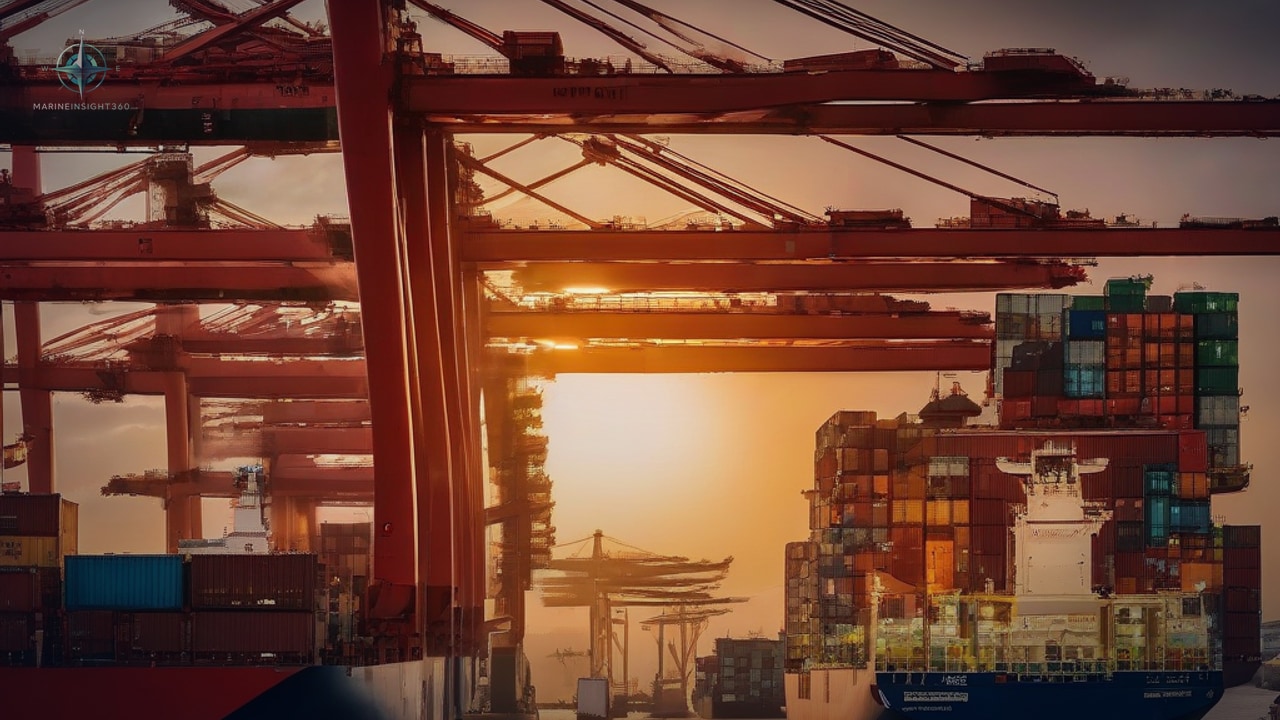 Red gantry cranes framing a container vessel stacked with boxes at a terminal at sunset