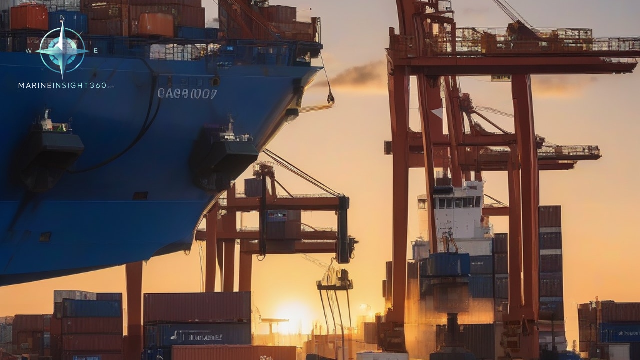 Blue flared bow of a vessel beside red quay cranes lowering a spreader at sunset
