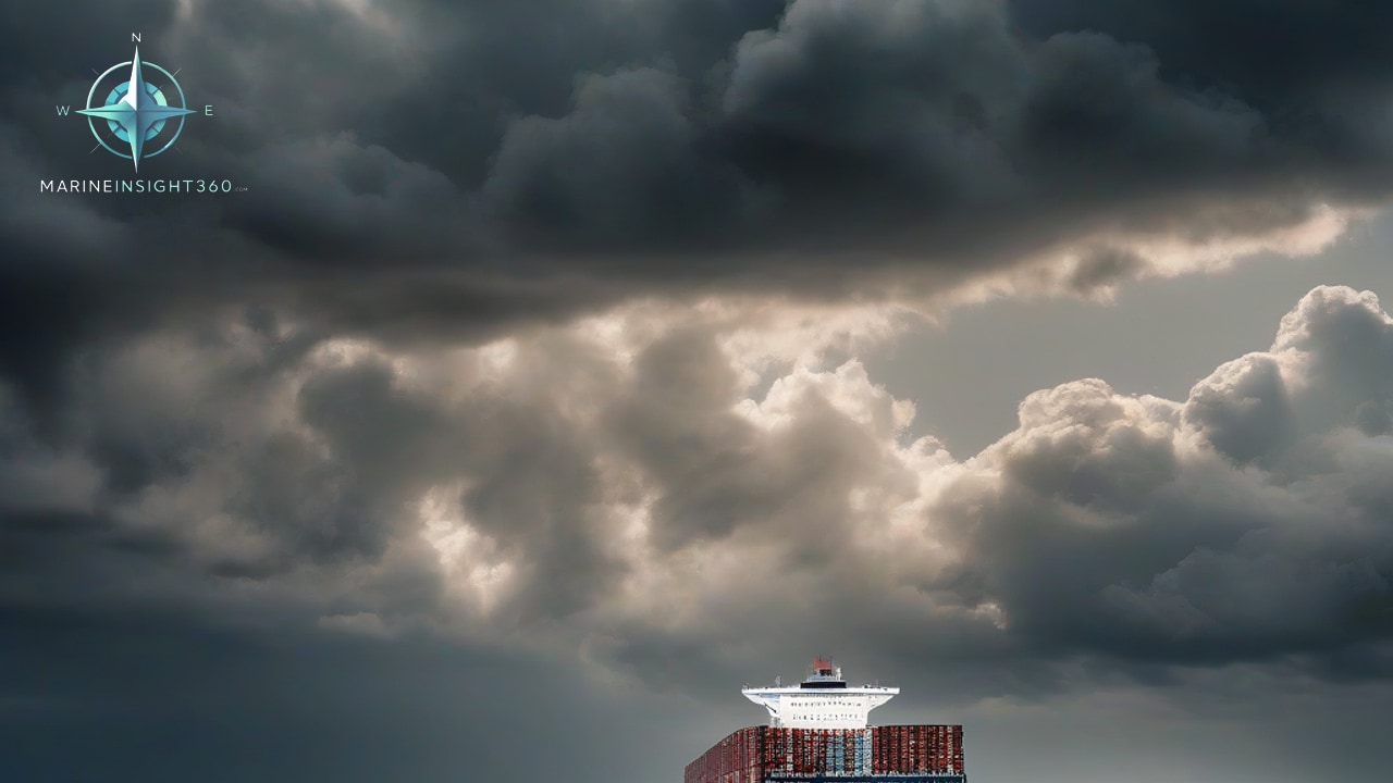 Towering dark storm clouds above the white superstructure and container stacks of a cargo vessel