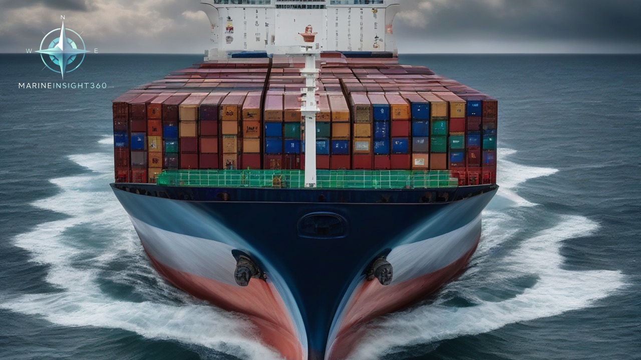 Head-on view of a heavily laden container vessel, colourful boxes stacked above a blue and red hull