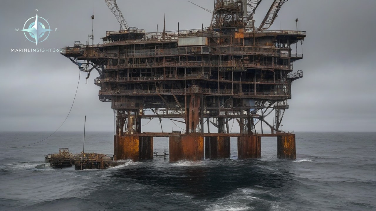 Derelict offshore oil platform eaten with rust standing alone in a grey sea under overcast