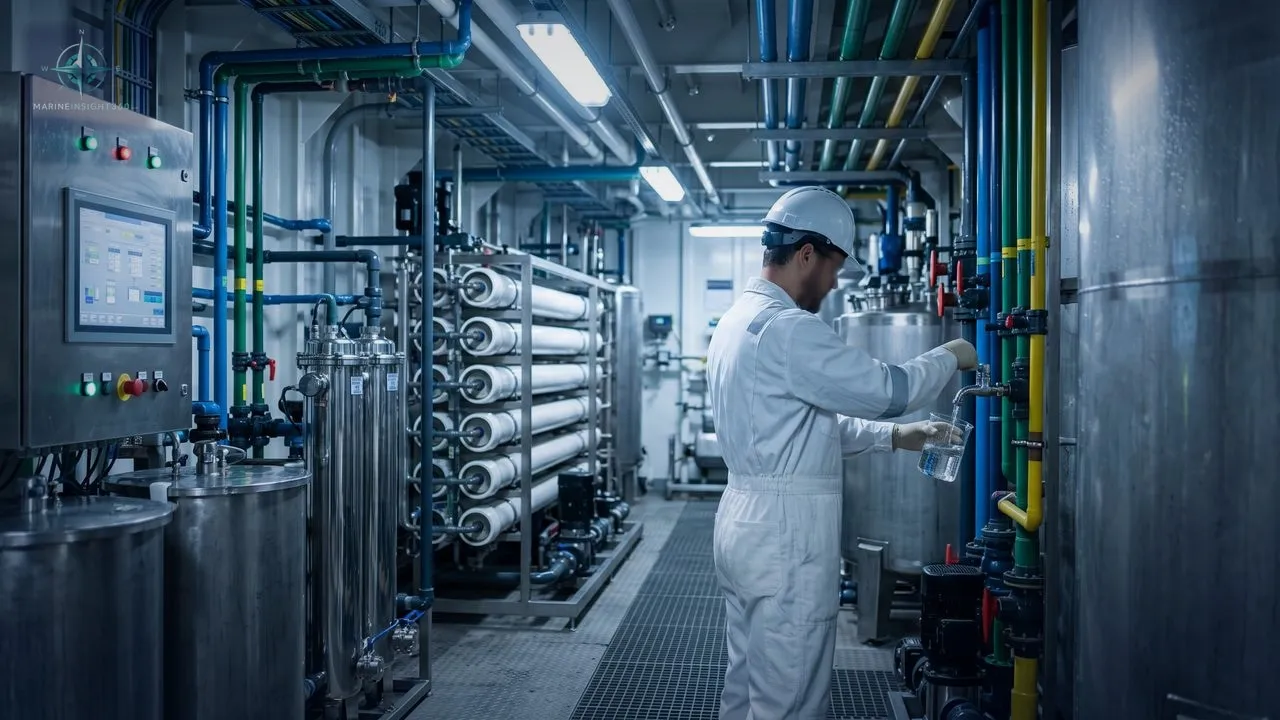 Engineer checking a treated effluent sample beside membrane bioreactor tanks in a cruise ship sewage plant